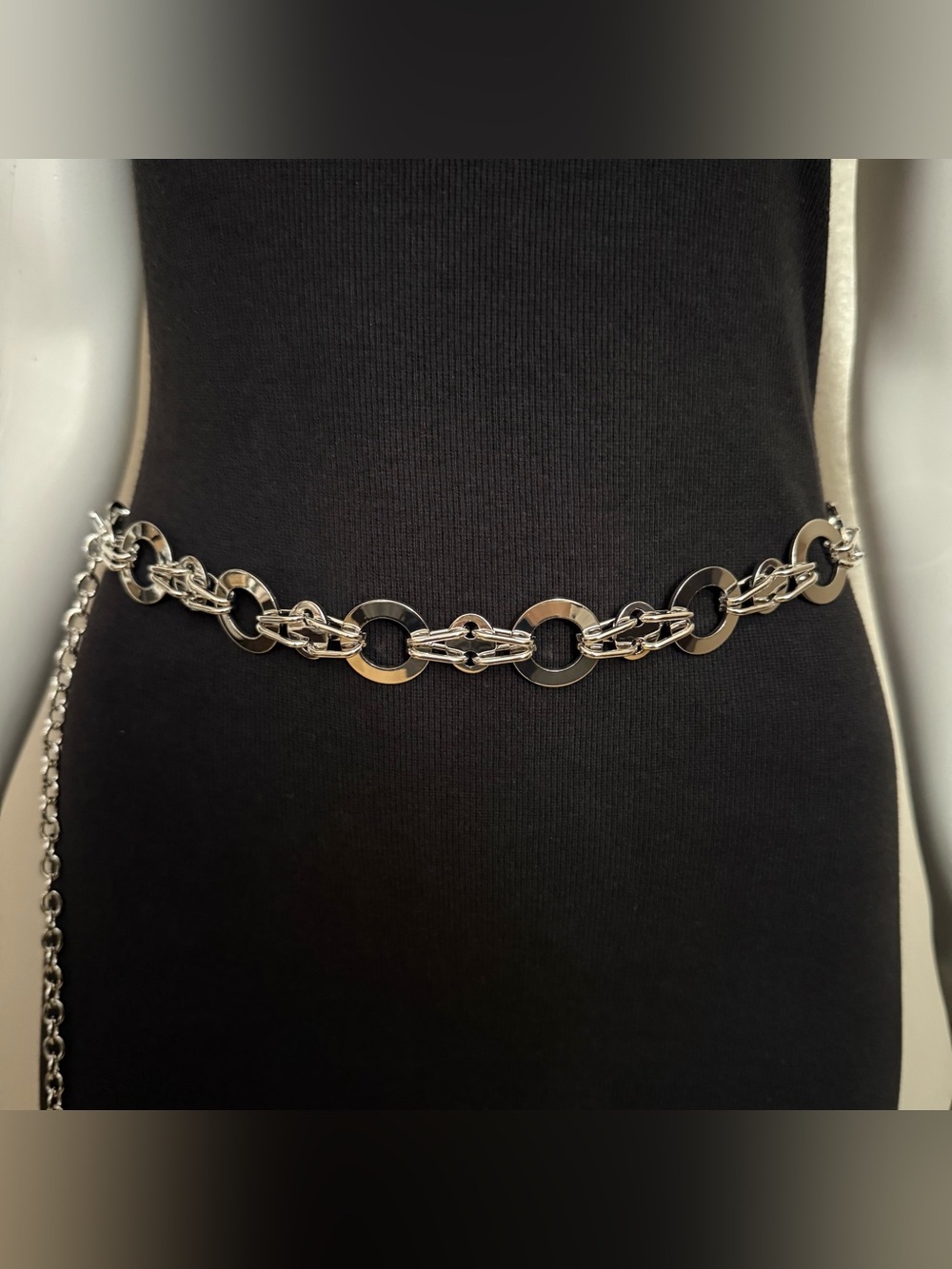 Silver tone metallic chain belt